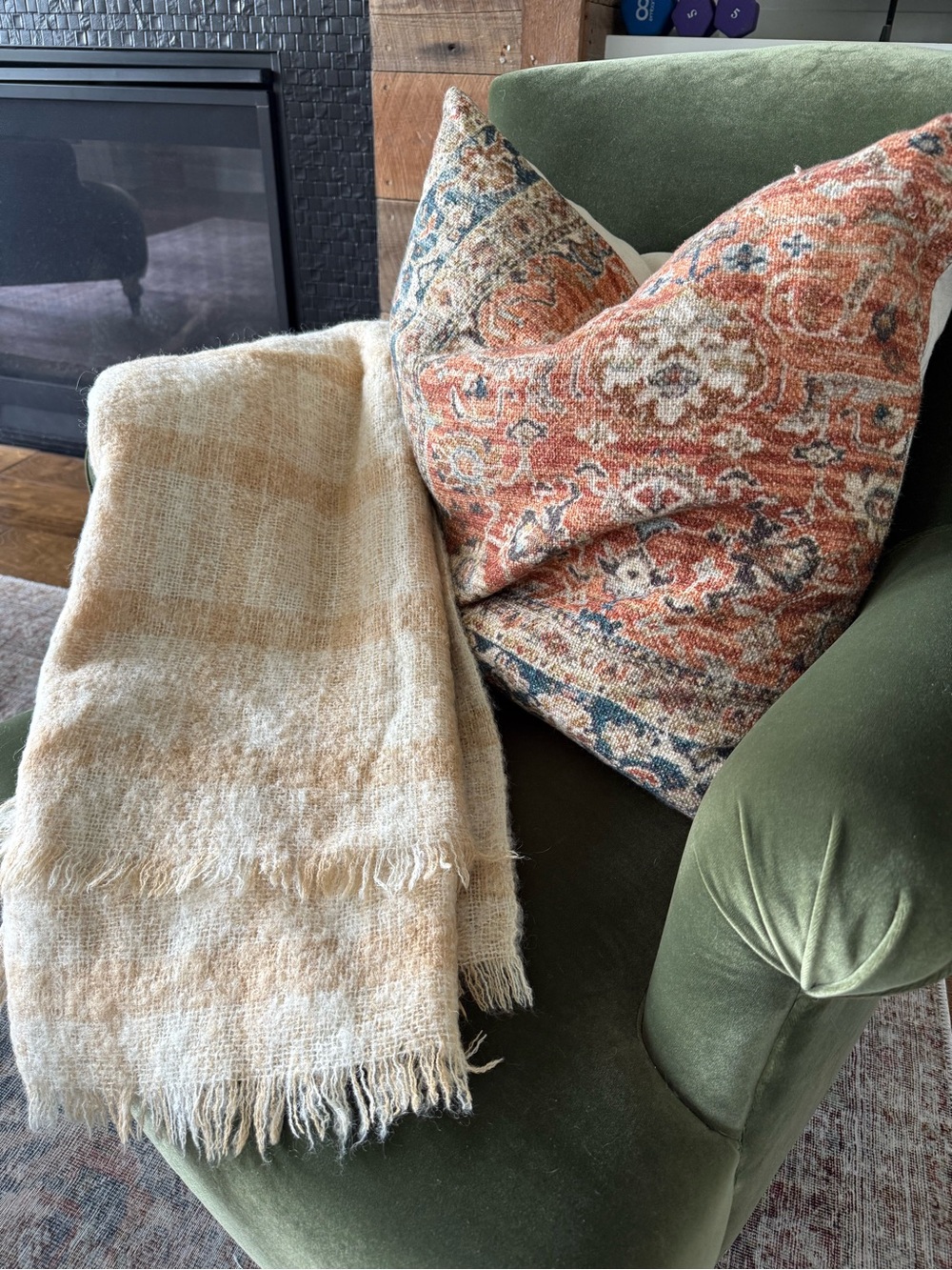 Donegal Design Ireland Handwoven Mohair Wool Throw Blanket Cream Plaid Fringe
